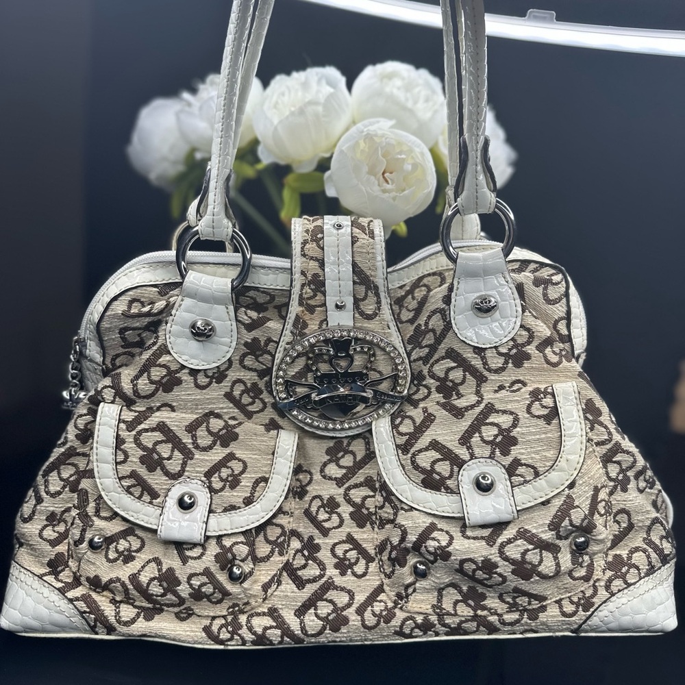 Kathy Van Zeeland Cream and Brown Shoulder Bag with Monogram Print #Y2K